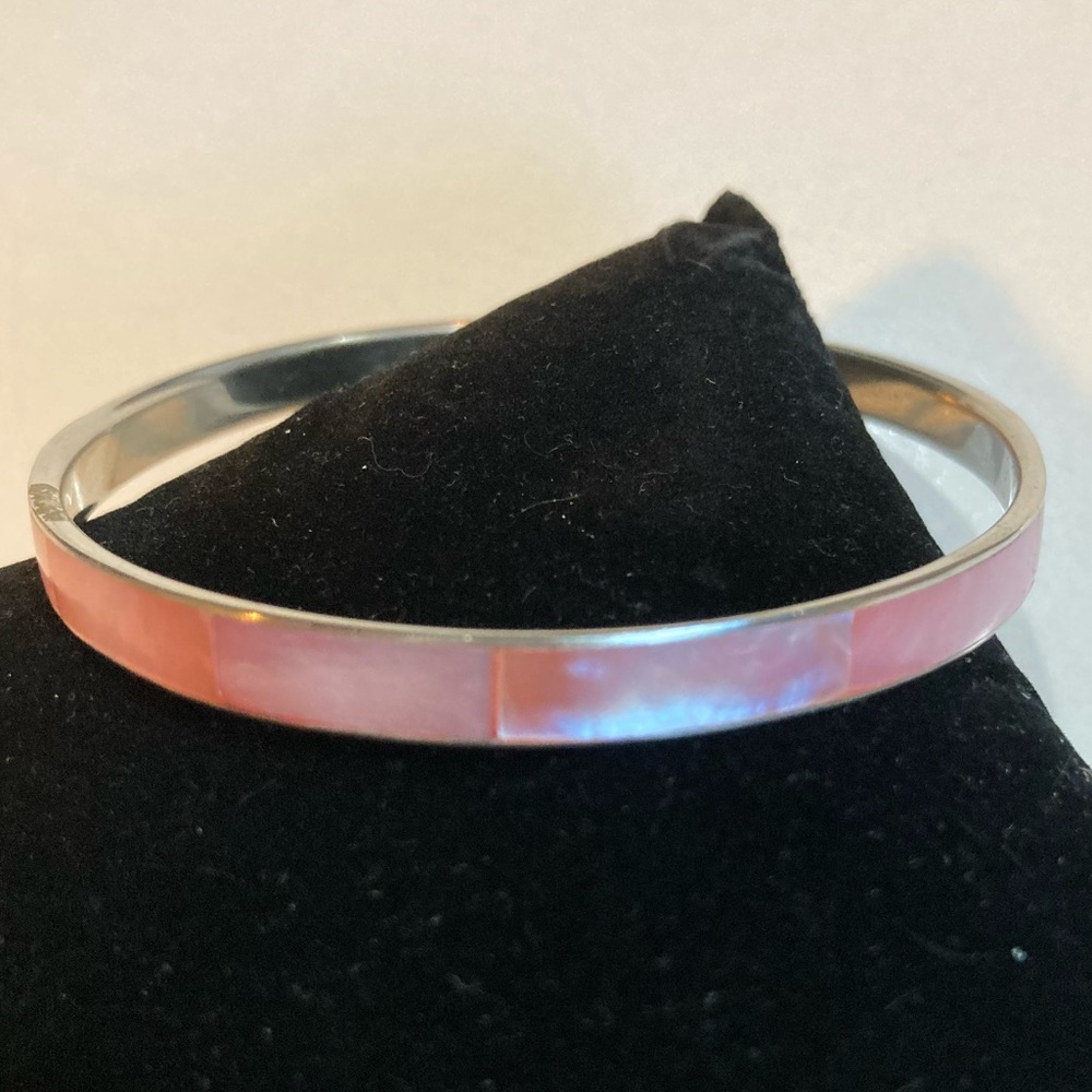 Art Deco Style Silver Tone and Pink Mother of Pearl Bangle Bracelet